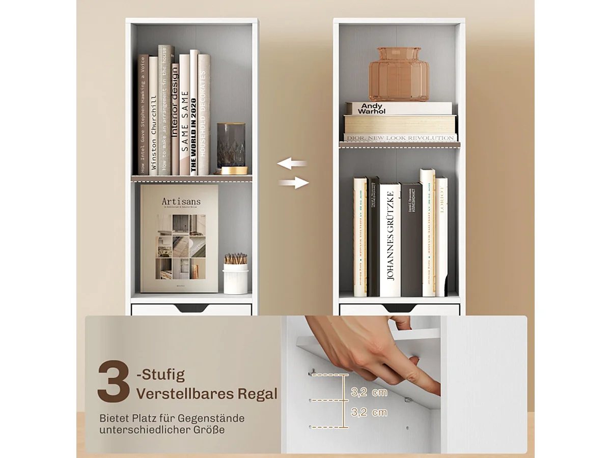 Bücherregal mit Schublade und anpassbares Regal 3-stufig Verstellbar 6 Ebenen Ausstellungsregal Bücherschrank Weiß