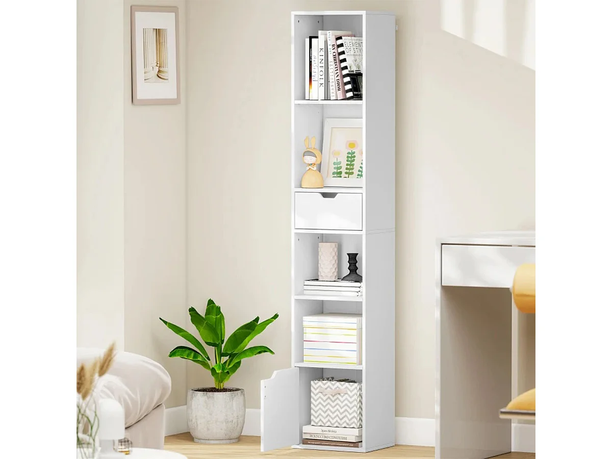 Bücherregal mit Schublade und anpassbares Regal 3-stufig Verstellbar 6 Ebenen Ausstellungsregal Bücherschrank Weiß