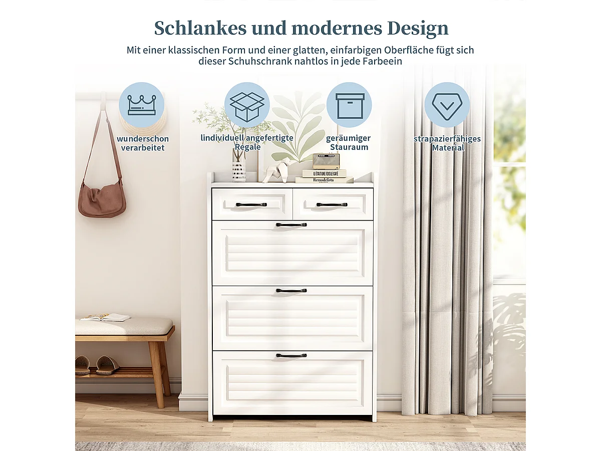 Schuhschrank mit Drei Großen Klappen und Zwei Schubladen Schuhregal Schuhschränke B80/T23.5/H131 cm Weiß