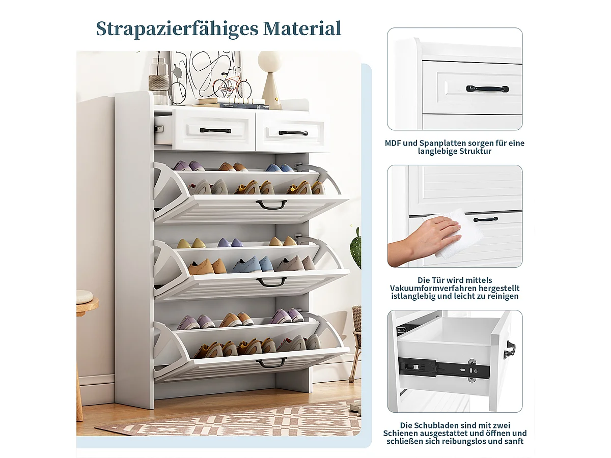 Schuhschrank mit Drei Großen Klappen und Zwei Schubladen Schuhregal Schuhschränke B80/T23.5/H131 cm Weiß