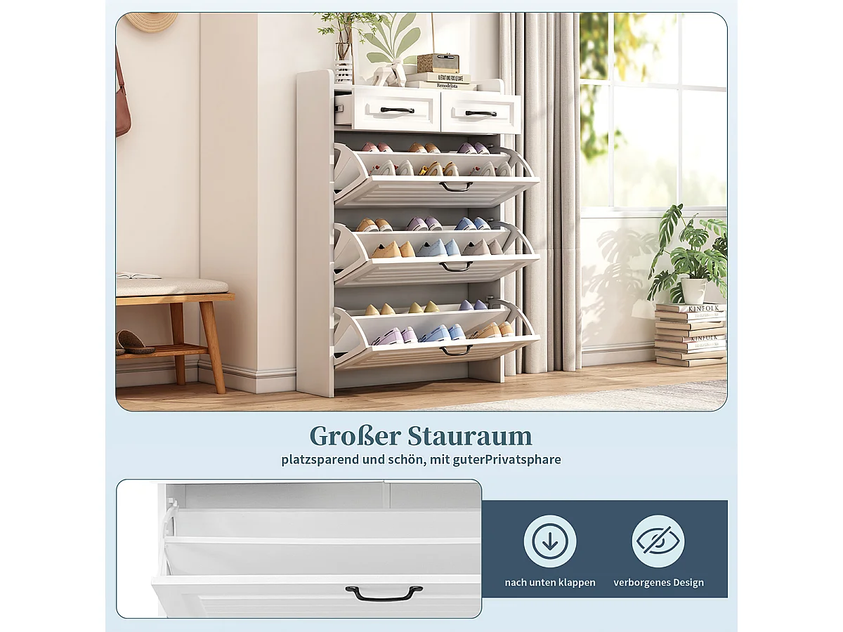 Schuhschrank mit Drei Großen Klappen und Zwei Schubladen Schuhregal Schuhschränke B80/T23.5/H131 cm Weiß