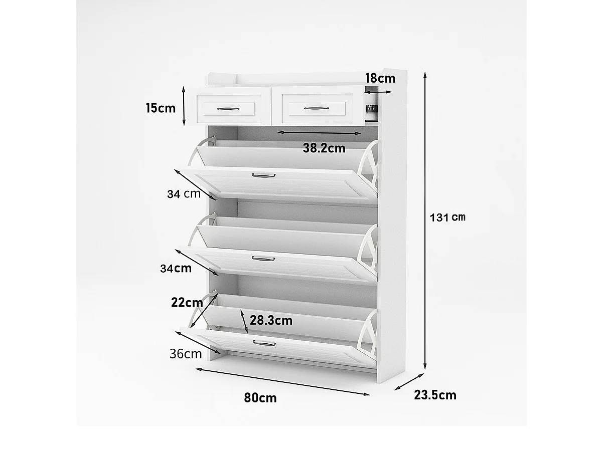 Schuhschrank mit Drei Großen Klappen und Zwei Schubladen Schuhregal Schuhschränke B80/T23.5/H131 cm Weiß