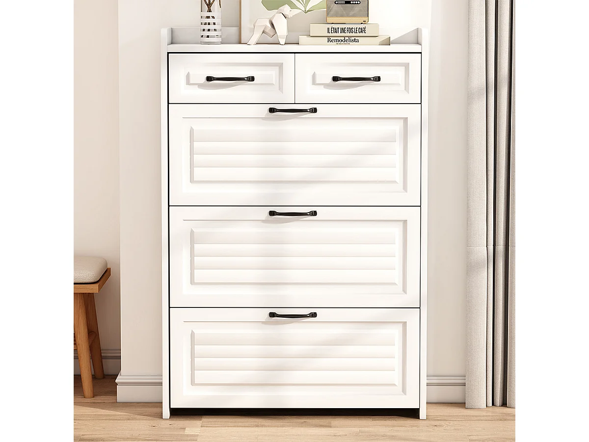 Schuhschrank mit Drei Großen Klappen und Zwei Schubladen Schuhregal Schuhschränke B80/T23.5/H131 cm Weiß