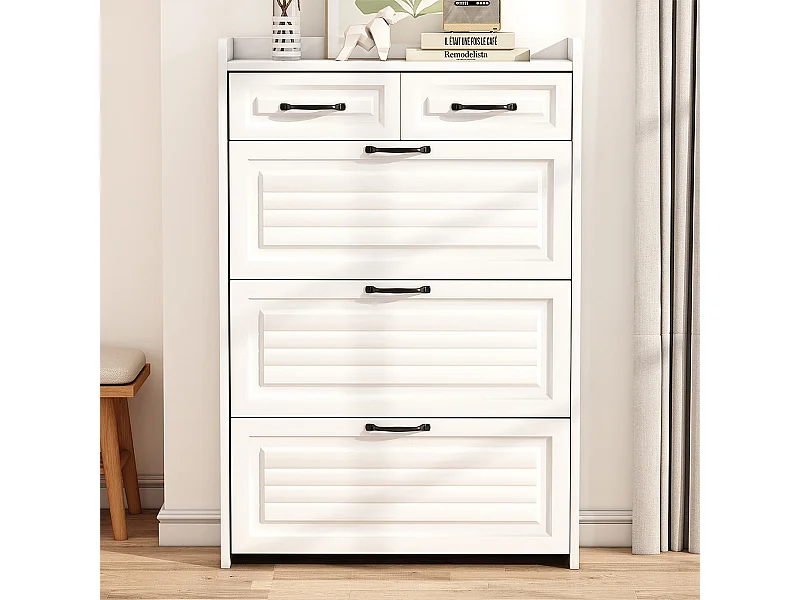 Schuhschrank mit Drei Großen Klappen und Zwei Schubladen Schuhregal Schuhschränke B80/T23.5/H131 cm Weiß