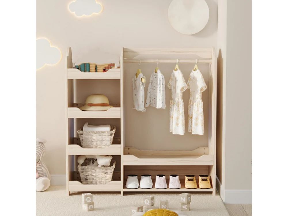 Kindergarderobe, Kinderkleiderschrank mit Kleiderstange & 4 Regalen, Aufbewahrung für Kinderzimmer,110*39*110 cm