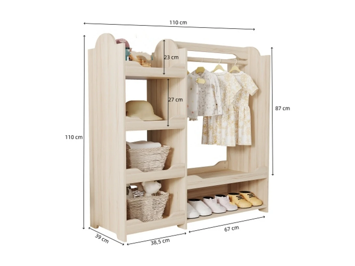 Kindergarderobe, Kinderkleiderschrank mit Kleiderstange & 4 Regalen, Aufbewahrung für Kinderzimmer,110*39*110 cm