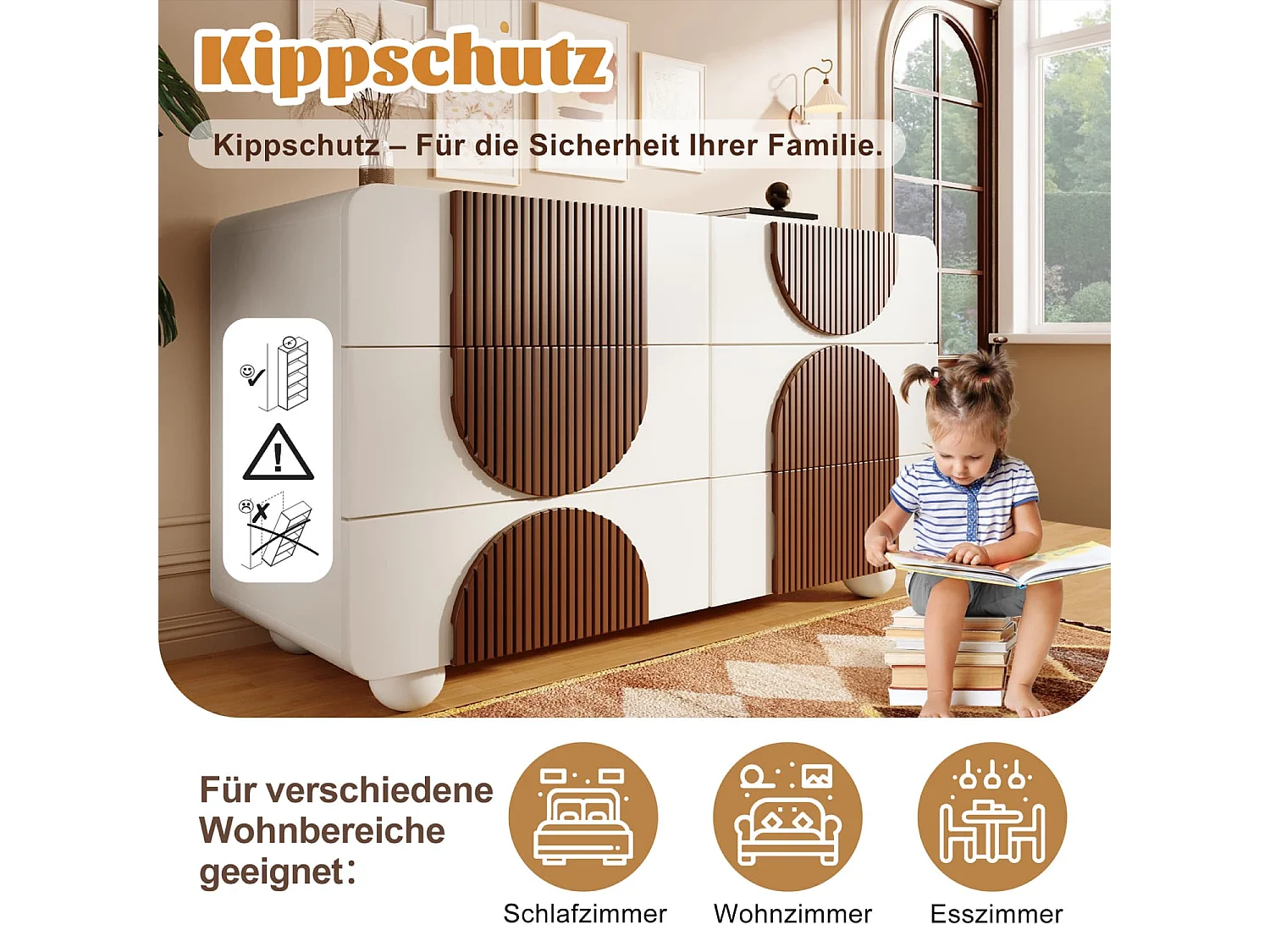 Kommode mit 6 Schubladen+geschwungenem Design, Elegantes Sideboard in Weiß mit schokoladenfarbenen Holzleisten,Leise Schiebe-Schubladen+Kippsicherung