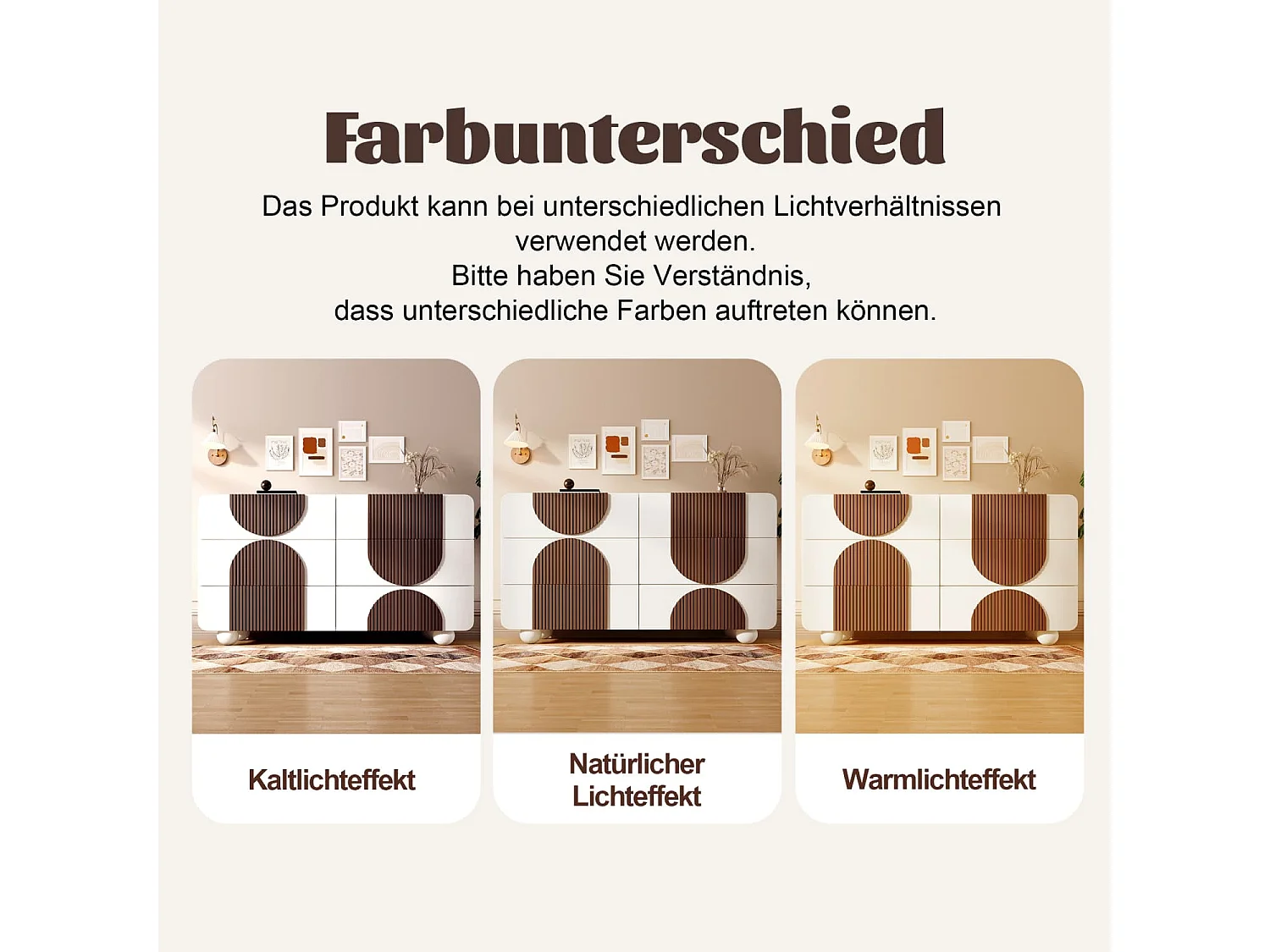 Kommode mit 6 Schubladen+geschwungenem Design, Elegantes Sideboard in Weiß mit schokoladenfarbenen Holzleisten,Leise Schiebe-Schubladen+Kippsicherung