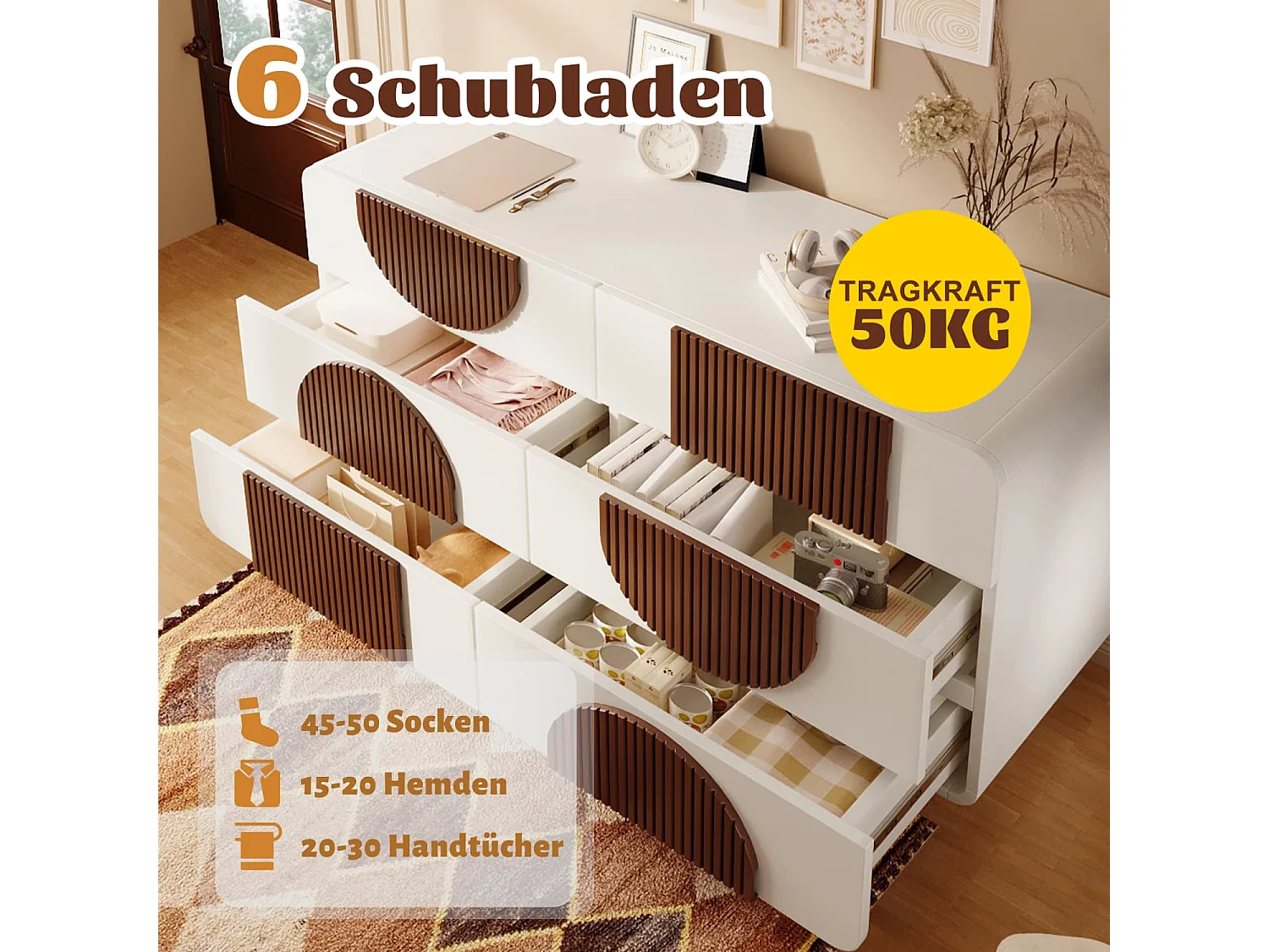 Kommode mit 6 Schubladen+geschwungenem Design, Elegantes Sideboard in Weiß mit schokoladenfarbenen Holzleisten,Leise Schiebe-Schubladen+Kippsicherung