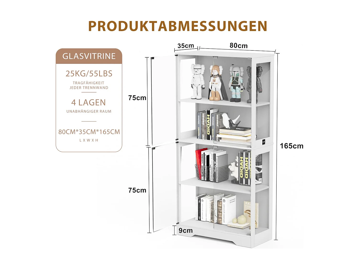 Vierstöckige Glasvitrine mit Stauraum,LED-Beleuchtung,Glastüren und intelligenten Sensoren.Als staubdichte Glasvitrine fürWohnzimmer geeignet