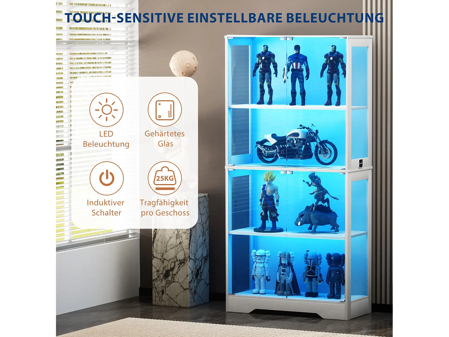 Vierstöckige Glasvitrine mit Stauraum,LED-Beleuchtung,Glastüren und intelligenten Sensoren.Als staubdichte Glasvitrine fürWohnzimmer geeignet