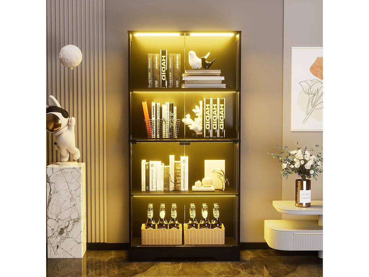Vitrine mit LED Beleuchtung und Intelligenten Sensoren Glasschrank Vitrinenschrank MultiStorage für Wohnzimmer Schlafzimmer Schwarz