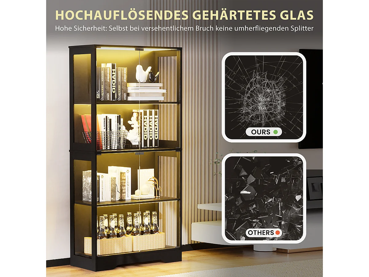 Vitrine mit LED Beleuchtung und Intelligenten Sensoren Glasschrank Vitrinenschrank MultiStorage für Wohnzimmer Schlafzimmer Schwarz