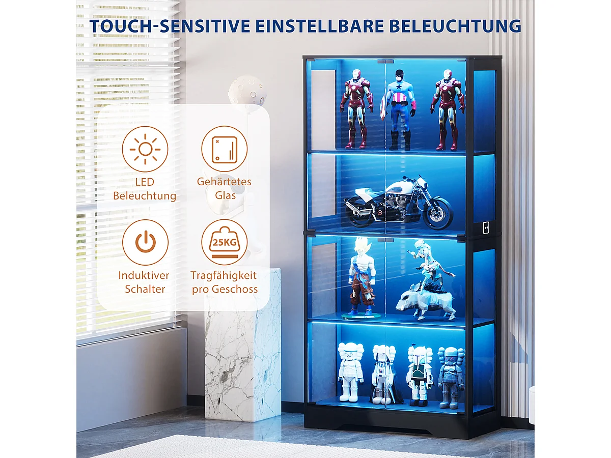 Vitrine mit LED Beleuchtung und Intelligenten Sensoren Glasschrank Vitrinenschrank MultiStorage für Wohnzimmer Schlafzimmer Schwarz