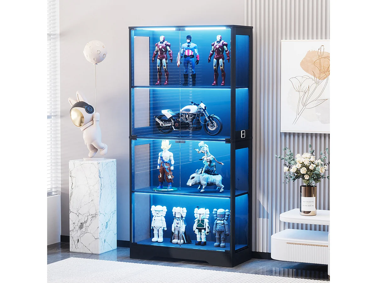 Vitrine mit LED Beleuchtung und Intelligenten Sensoren Glasschrank Vitrinenschrank MultiStorage für Wohnzimmer Schlafzimmer Schwarz