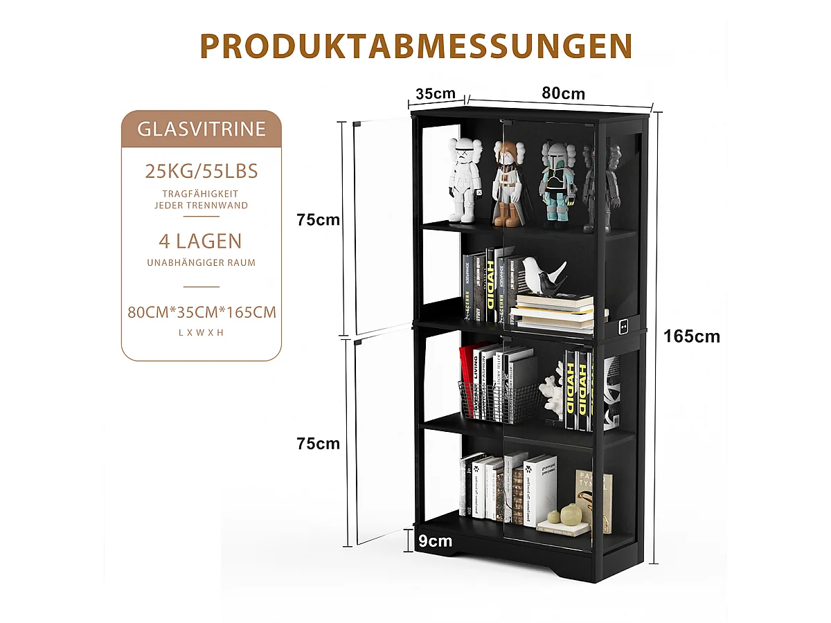 Vitrine mit LED Beleuchtung und Intelligenten Sensoren Glasschrank Vitrinenschrank MultiStorage für Wohnzimmer Schlafzimmer Schwarz