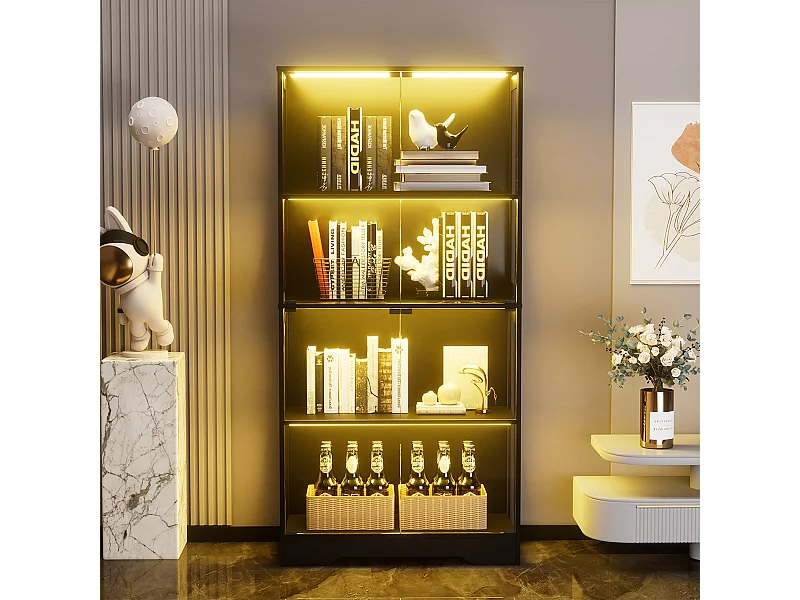 Vitrine mit LED Beleuchtung und Intelligenten Sensoren Glasschrank Vitrinenschrank MultiStorage für Wohnzimmer Schlafzimmer Schwarz
