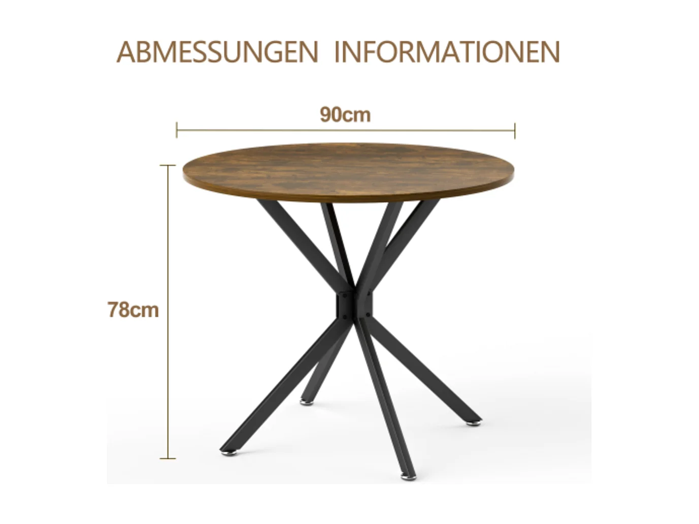 Runder Esstisch,platzsparender Küchentisch mit stabilen Metallbeinen,für Esszimmer oder Wohnzimmer 90 cm