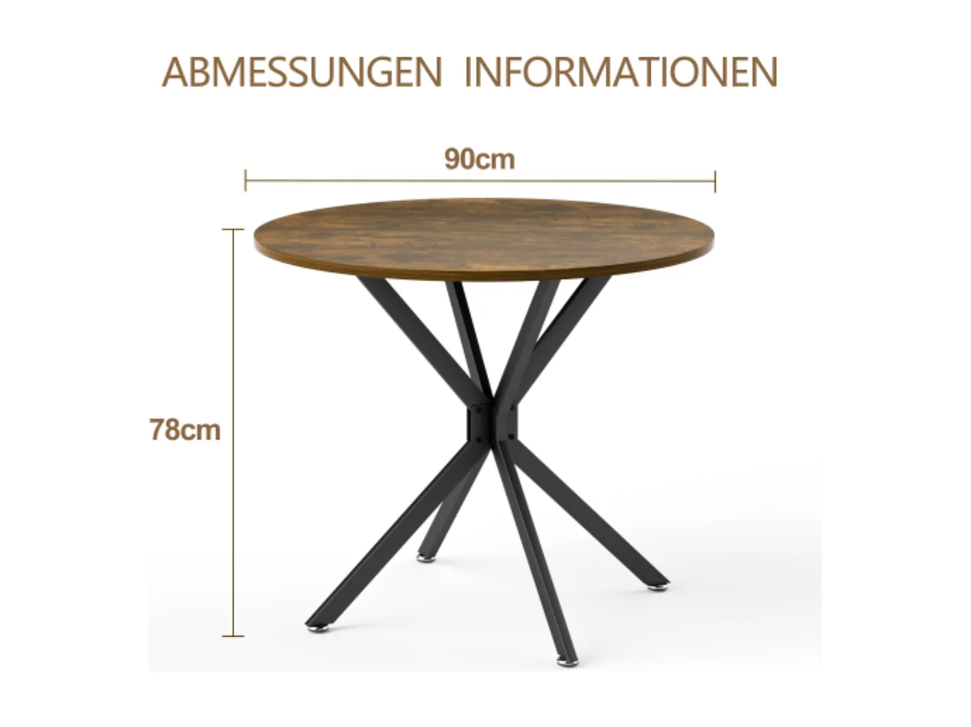 Runder Esstisch,platzsparender Küchentisch mit stabilen Metallbeinen,für Esszimmer oder Wohnzimmer 90 cm
