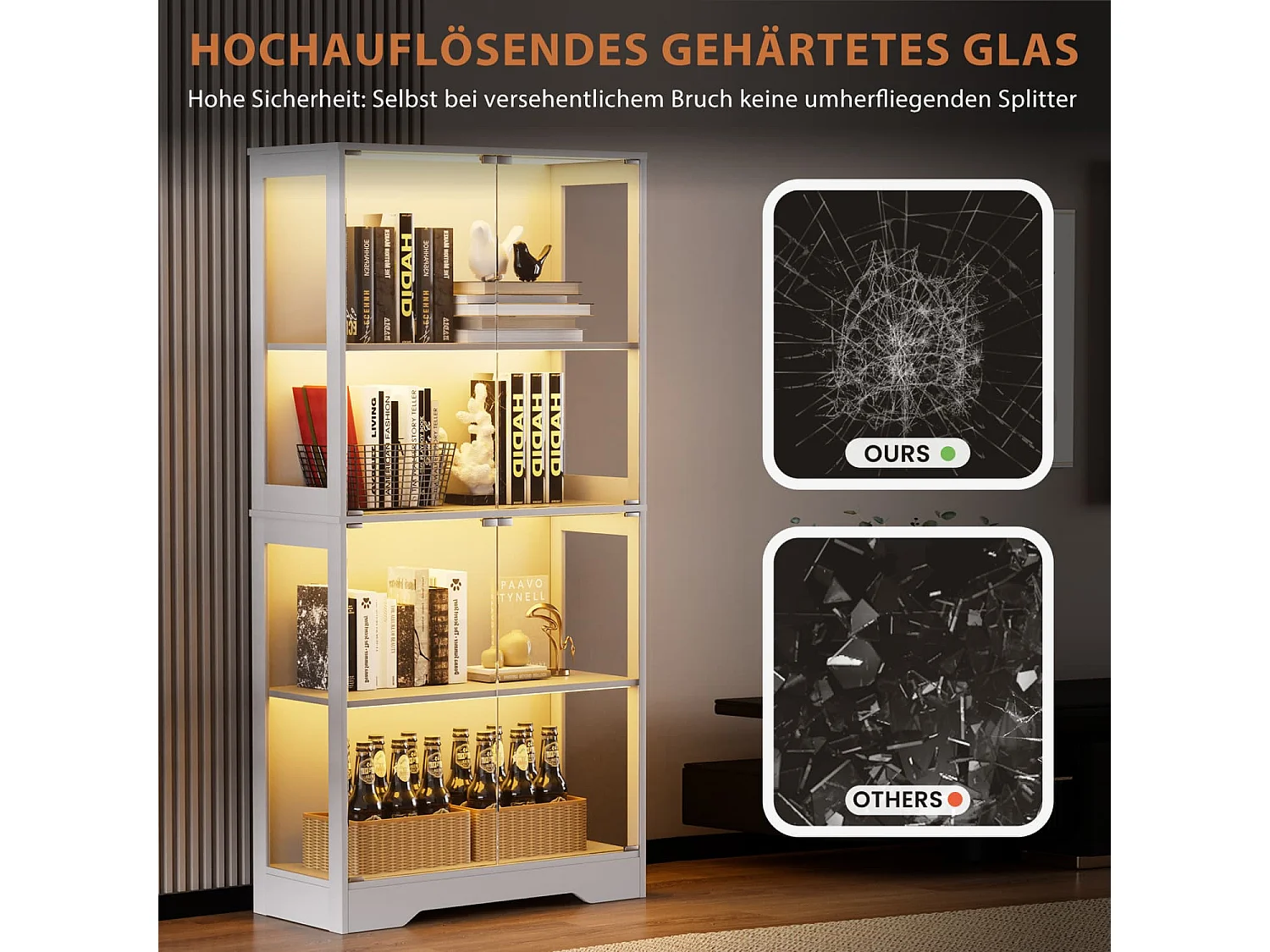 Vierstöckige Glasvitrine mit Stauraum,LED-Beleuchtung,Glastüren und intelligenten Sensoren.Als staubdichte Glasvitrine fürWohnzimmer geeignet