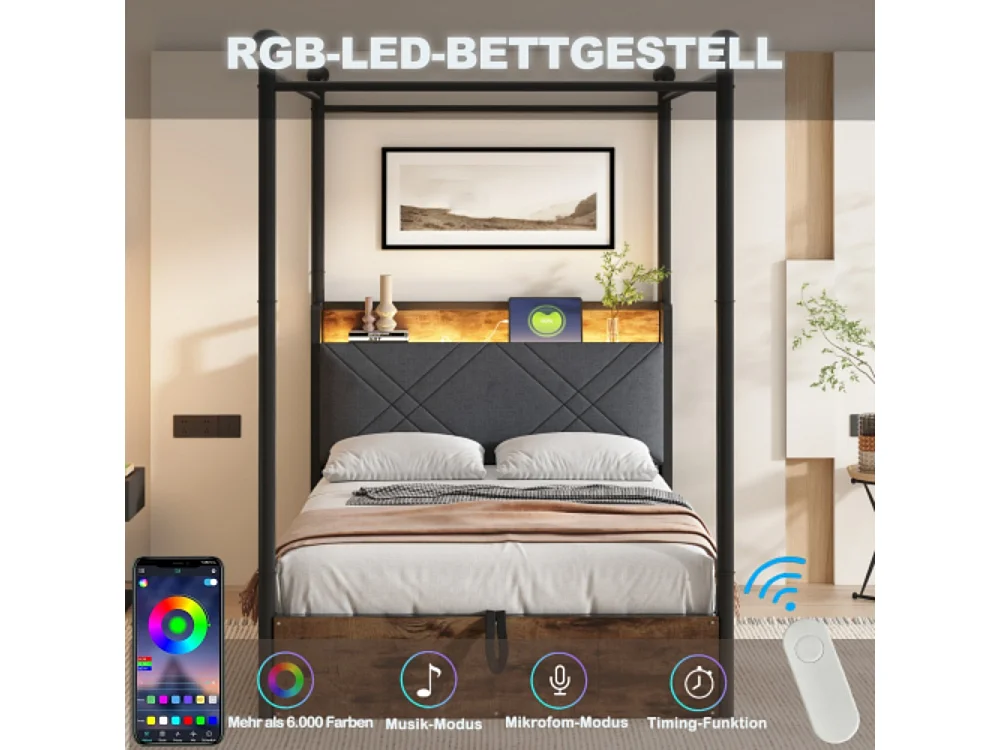 Eiseneinzelbett 90*190,mit Hydraulisch anhebbarer Bettstauraum ,mit abnehmbaren Bettpfosten mit LED-Beleuchtung und USB-/Typ-C