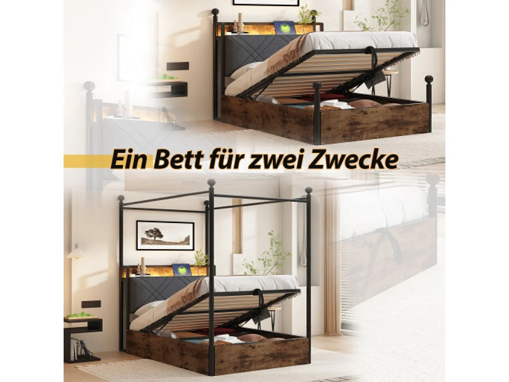 Eiseneinzelbett 90*190,mit Hydraulisch anhebbarer Bettstauraum ,mit abnehmbaren Bettpfosten mit LED-Beleuchtung und USB-/Typ-C