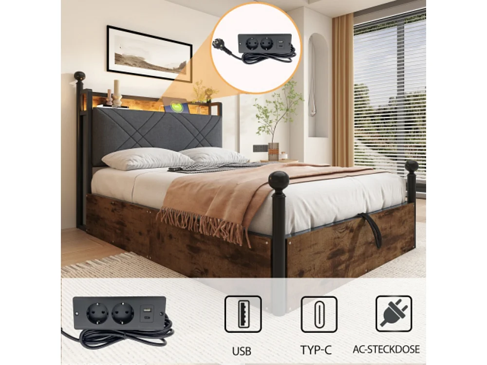Eiseneinzelbett 90*190,mit Hydraulisch anhebbarer Bettstauraum ,mit abnehmbaren Bettpfosten mit LED-Beleuchtung und USB-/Typ-C