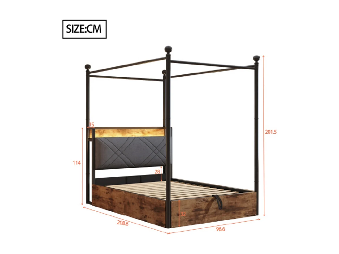 Eiseneinzelbett 90*190,mit Hydraulisch anhebbarer Bettstauraum ,mit abnehmbaren Bettpfosten mit LED-Beleuchtung und USB-/Typ-C