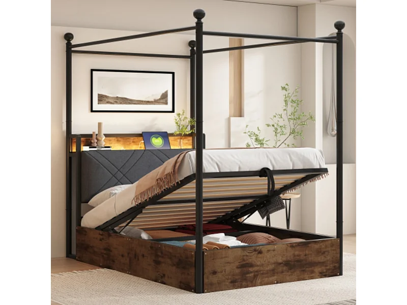 Eiseneinzelbett 90*190,mit Hydraulisch anhebbarer Bettstauraum ,mit abnehmbaren Bettpfosten mit LED-Beleuchtung und USB-/Typ-C