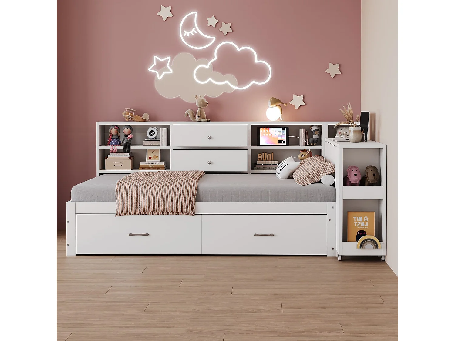 Holzschlafsofa,Holzbett,multifunktionaler Stauraum,verdeckte Staufächer+Regale,2 große Schubladen,Multifunktionssteckdose,ausziehbarer Schreibtisch