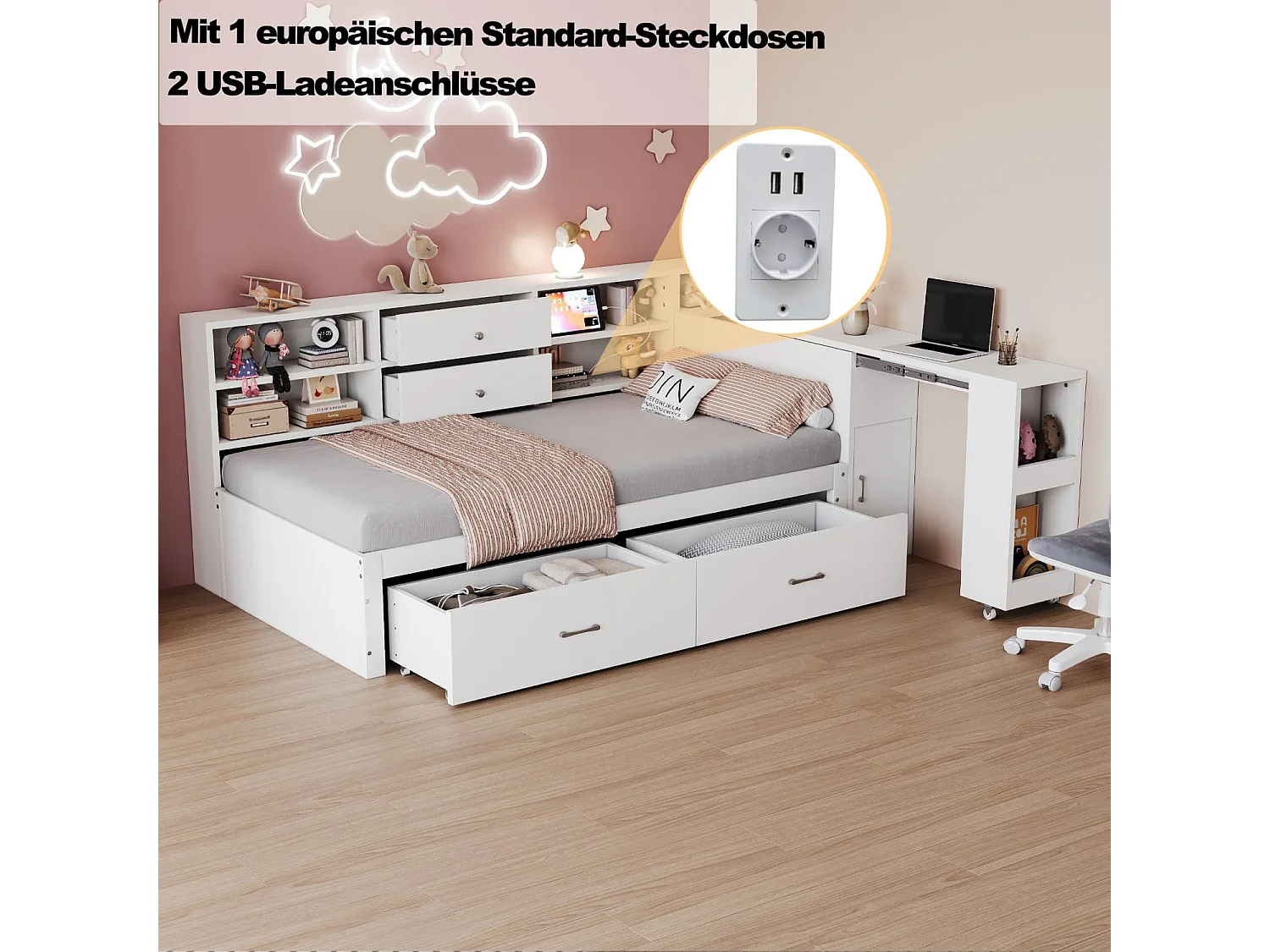 Holzschlafsofa,Holzbett,multifunktionaler Stauraum,verdeckte Staufächer+Regale,2 große Schubladen,Multifunktionssteckdose,ausziehbarer Schreibtisch