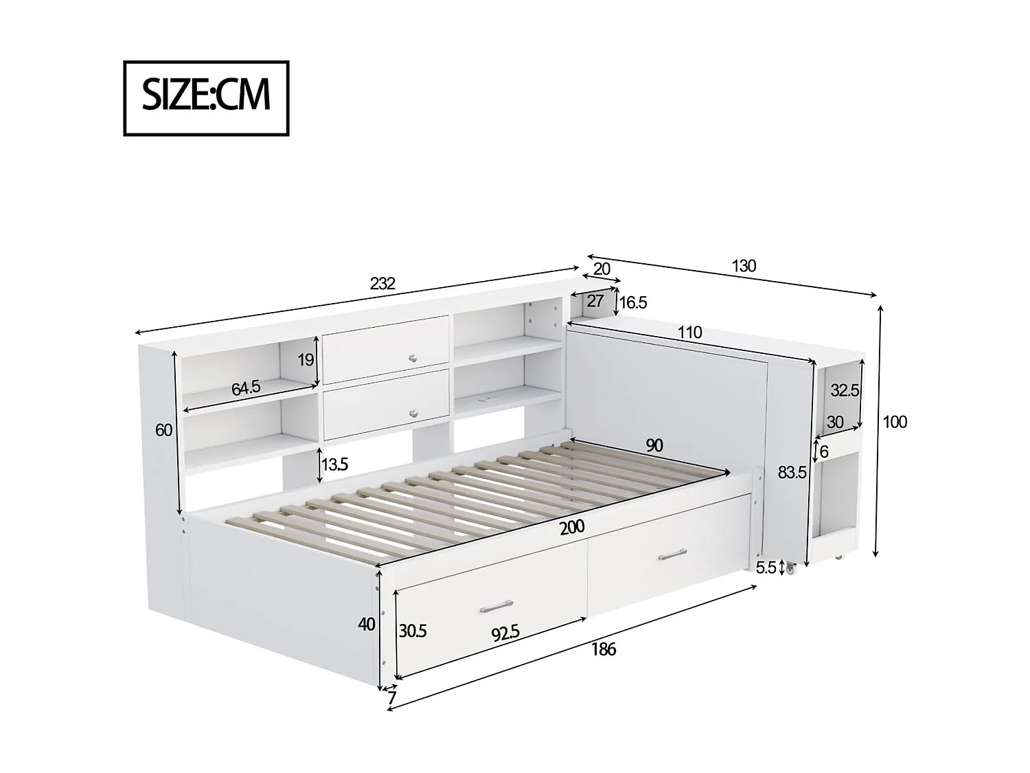 Holzschlafsofa,Holzbett,multifunktionaler Stauraum,verdeckte Staufächer+Regale,2 große Schubladen,Multifunktionssteckdose,ausziehbarer Schreibtisch