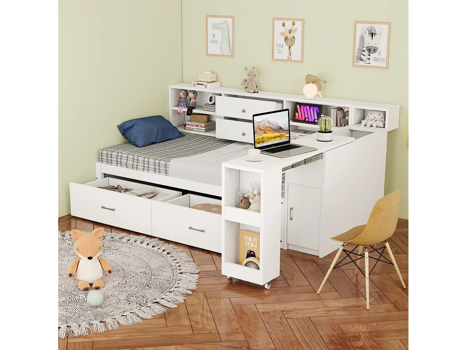 Holzschlafsofa,Holzbett,multifunktionaler Stauraum,verdeckte Staufächer+Regale,2 große Schubladen,Multifunktionssteckdose,ausziehbarer Schreibtisch