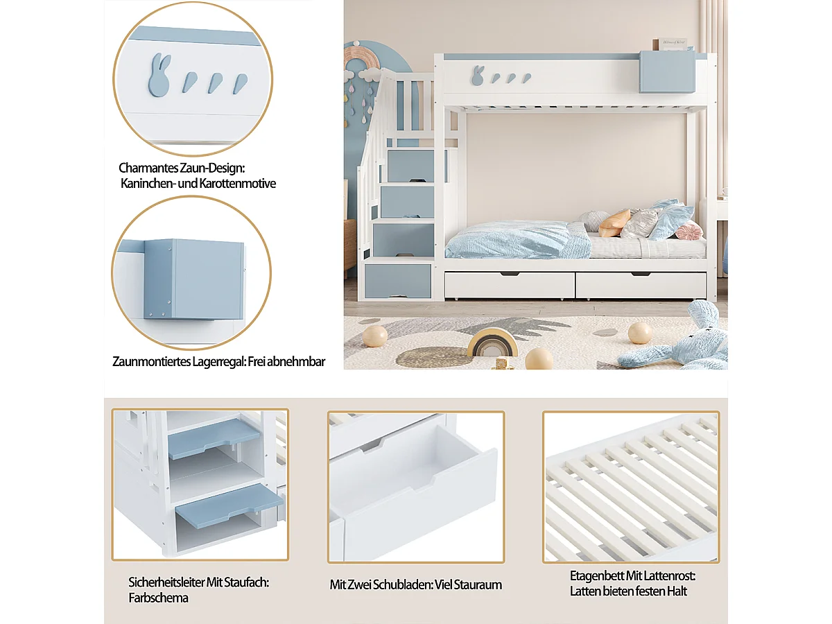 Kinderbett mit Abnehmbarem Ablagefach und Sicherer Aufbewahrungsleiter Etagenbett Jugendbett 90*200 cm Weiß + Blau