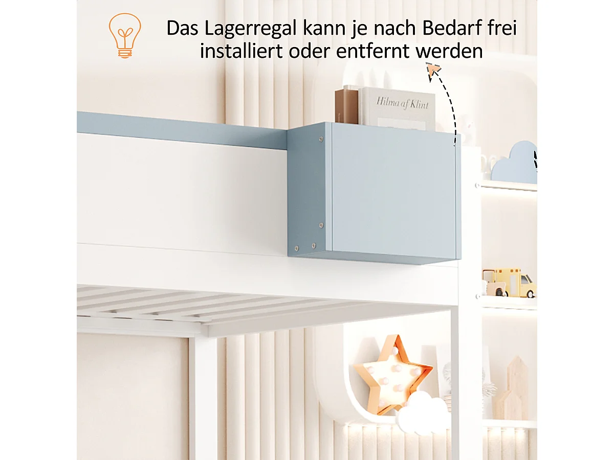 Kinderbett mit Abnehmbarem Ablagefach und Sicherer Aufbewahrungsleiter Etagenbett Jugendbett 90*200 cm Weiß + Blau