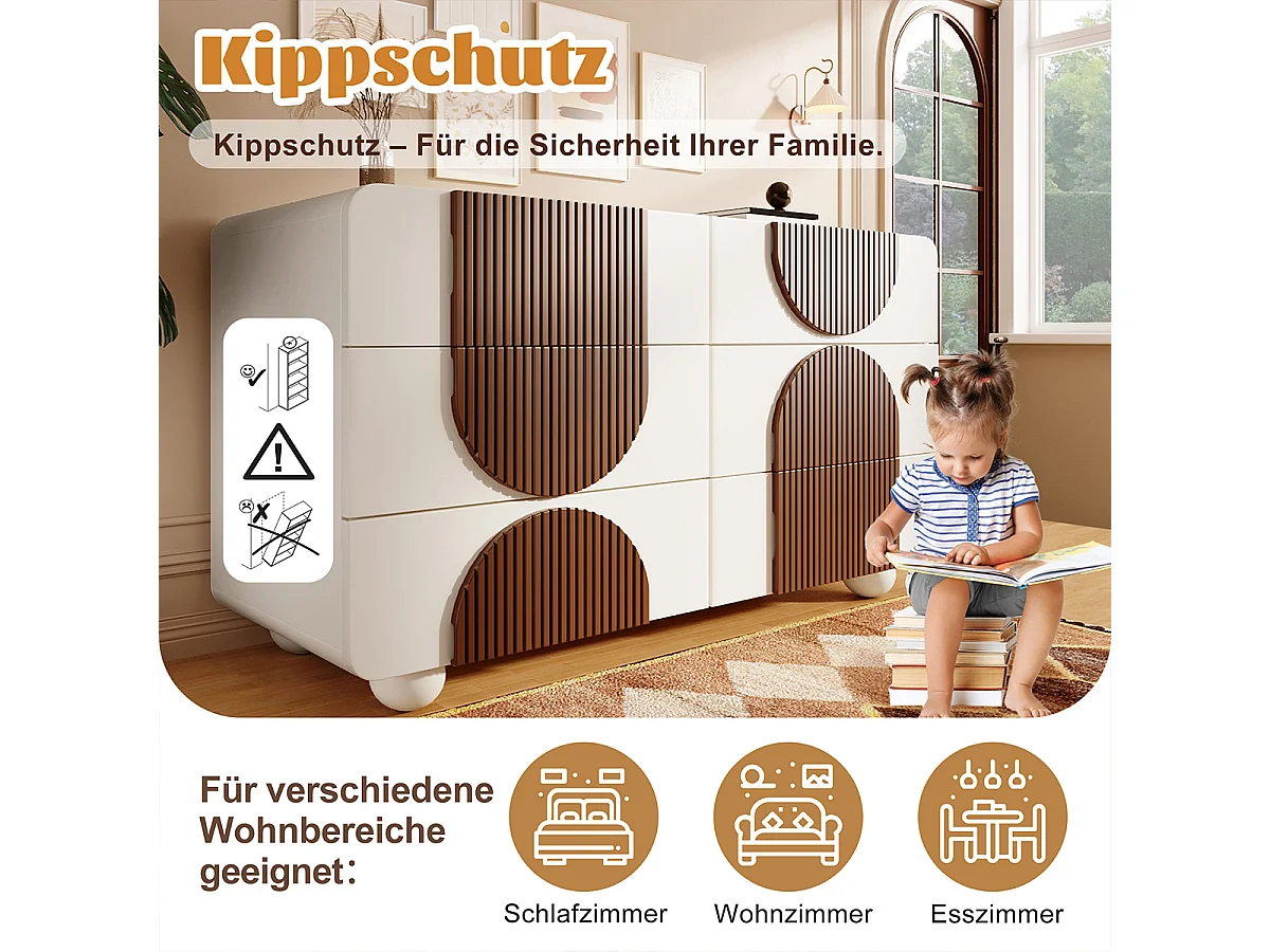 Sideboard mit 6 Schubladen und Geschwungenem Design  Kommode Beistelltisch Aufbewahrungsschrank 121x71x41 cm