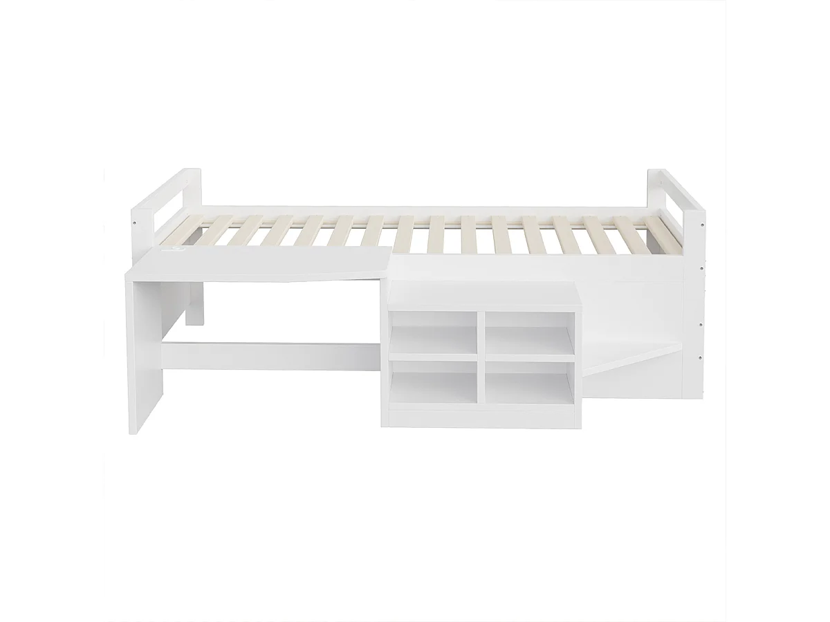 Halbhohes Bett mit Staufächern Schreibtisch und Steckdosen Jugendbett Kinderbett 90×200cm Weiß
