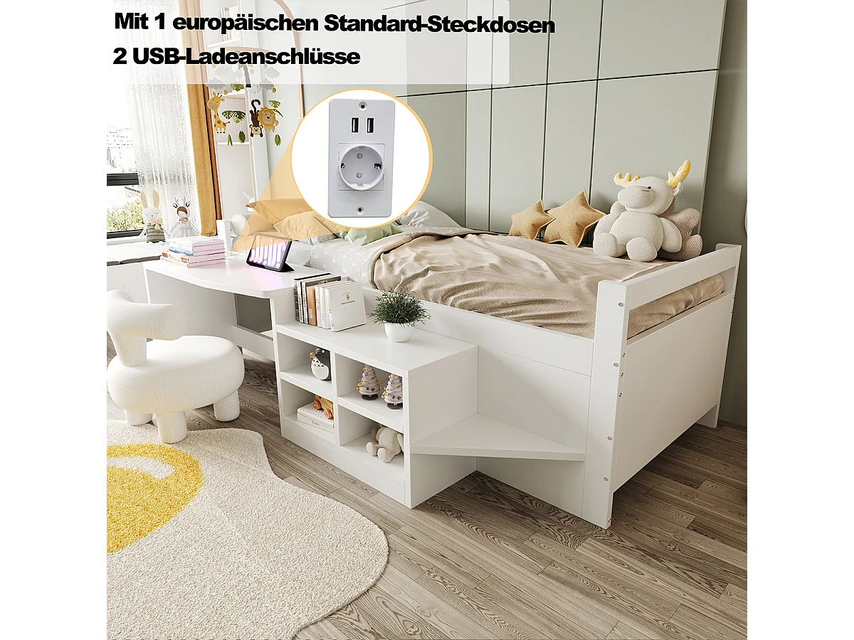 Halbhohes Bett mit Staufächern Schreibtisch und Steckdosen Jugendbett Kinderbett 90×200cm Weiß