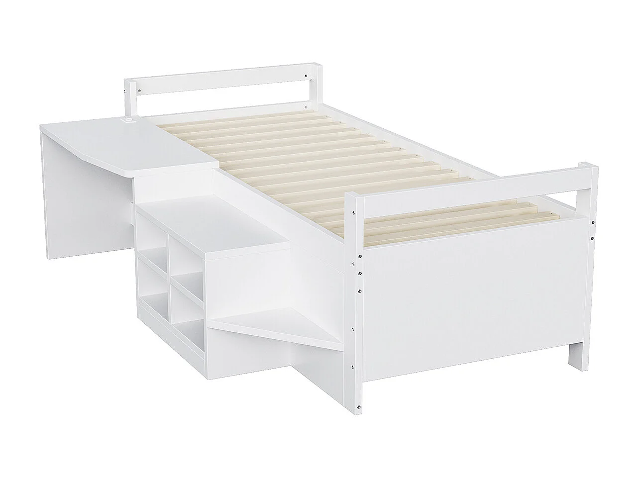 Halbhohes Bett mit Staufächern Schreibtisch und Steckdosen Jugendbett Kinderbett 90×200cm Weiß