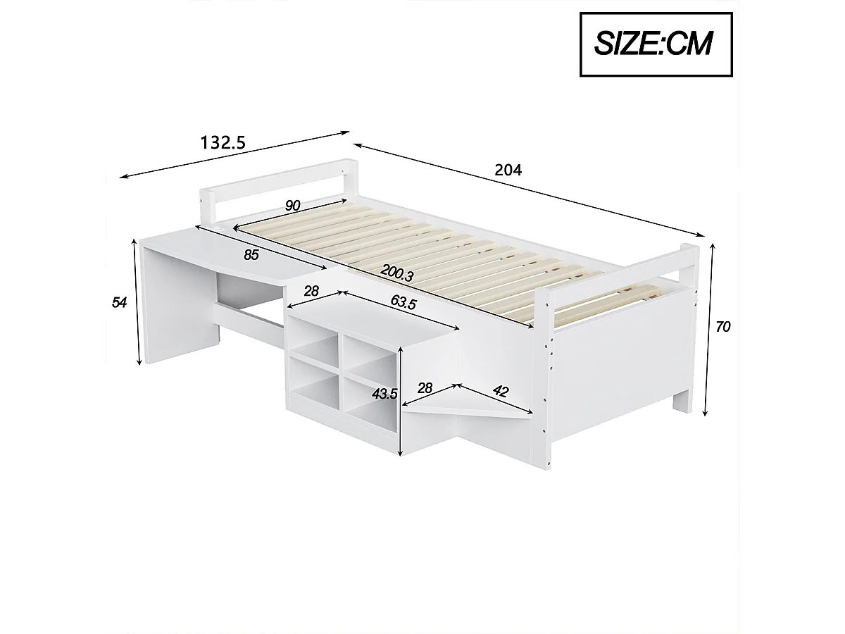 Halbhohes Bett mit Staufächern Schreibtisch und Steckdosen Jugendbett Kinderbett 90×200cm Weiß