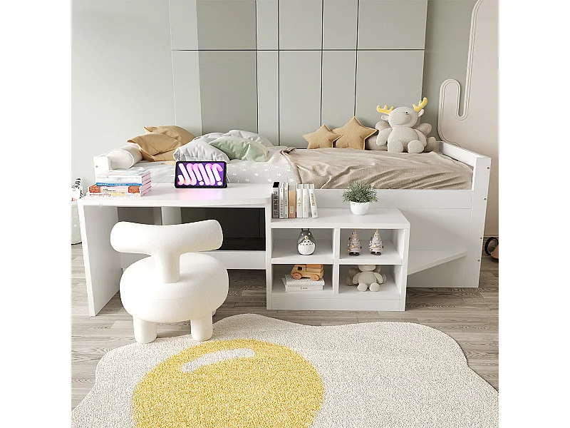 Halbhohes Bett mit Staufächern Schreibtisch und Steckdosen Jugendbett Kinderbett 90×200cm Weiß