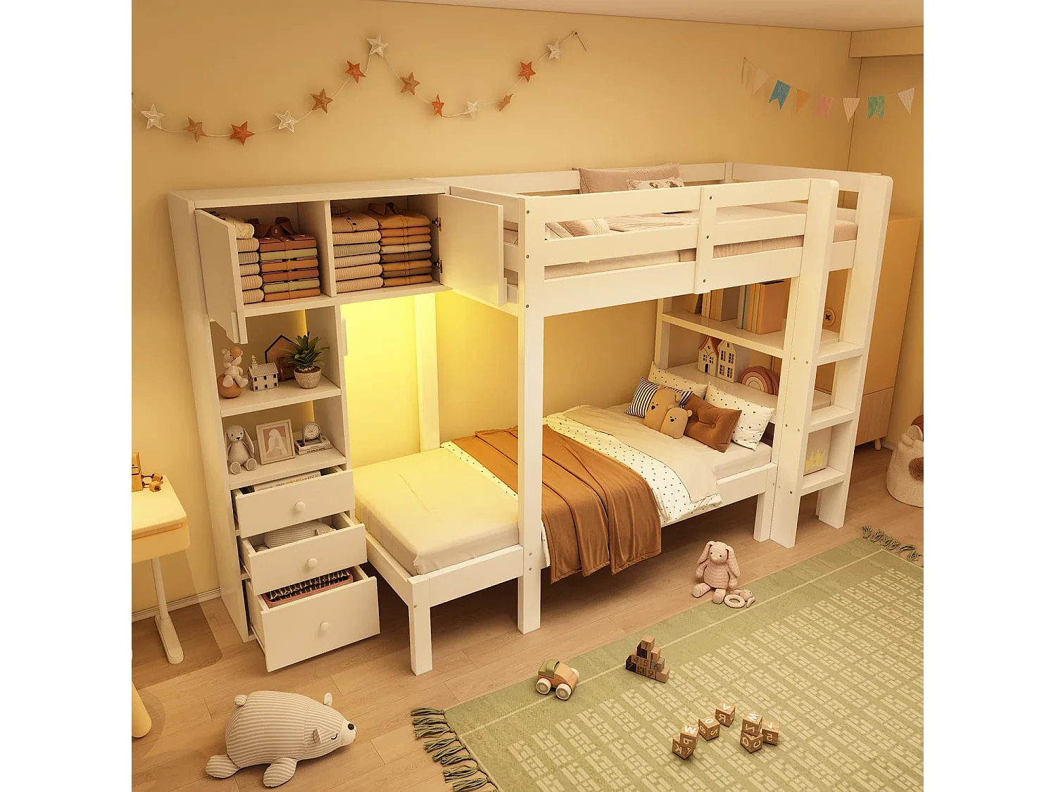 Etagenbett 90x200 cm mit intelligentem Nachtlicht, Versetztes Design mit Schrank, Regal & Schubladen, Großzügiger Stauraum,90x200 cm, EN747-1:2024