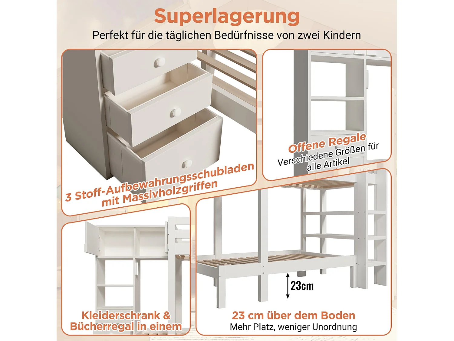 Etagenbett 90x200 cm mit intelligentem Nachtlicht, Versetztes Design mit Schrank, Regal & Schubladen, Großzügiger Stauraum,90x200 cm, EN747-1:2024