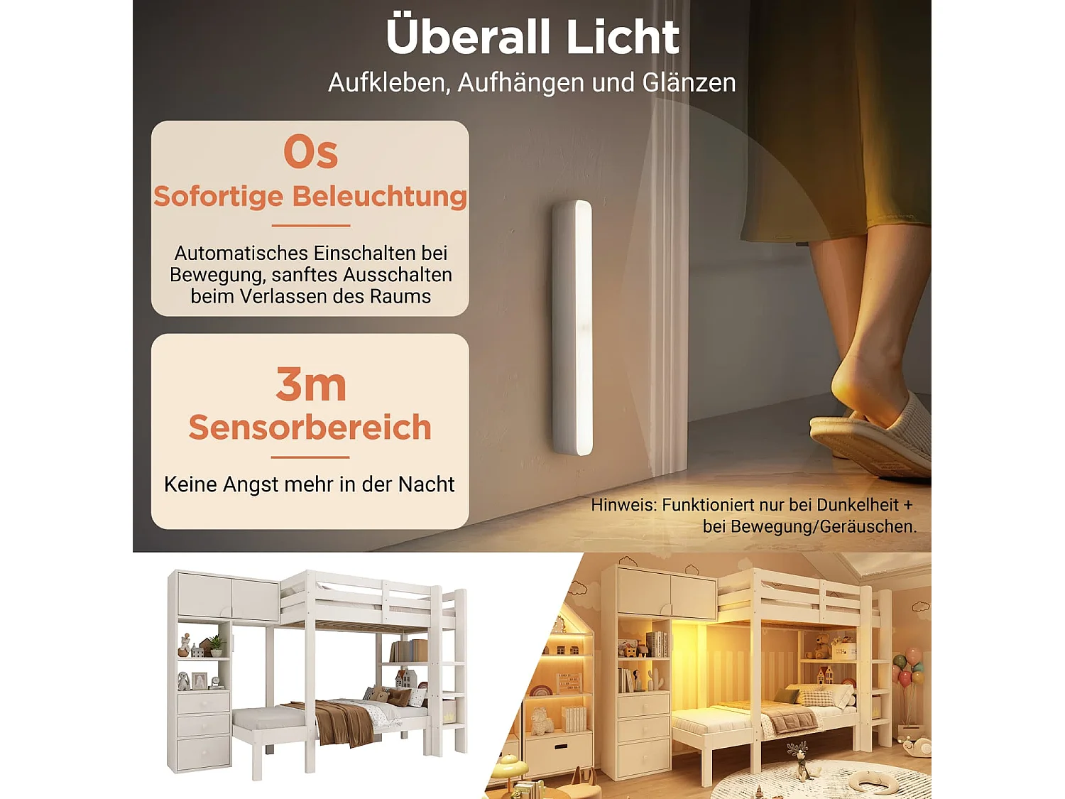 Etagenbett 90x200 cm mit intelligentem Nachtlicht, Versetztes Design mit Schrank, Regal & Schubladen, Großzügiger Stauraum,90x200 cm, EN747-1:2024