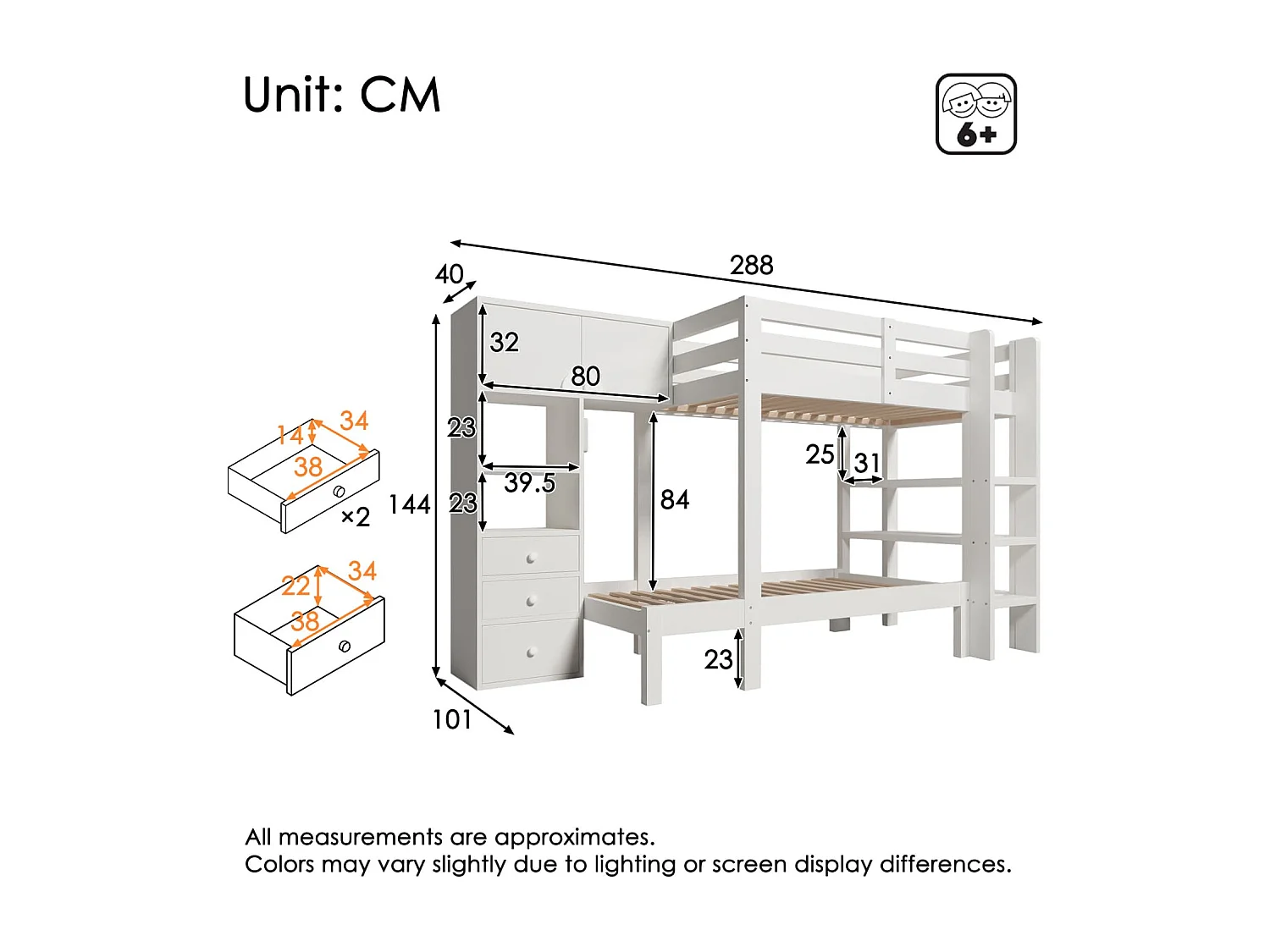 Etagenbett 90x200 cm mit intelligentem Nachtlicht, Versetztes Design mit Schrank, Regal & Schubladen, Großzügiger Stauraum,90x200 cm, EN747-1:2024