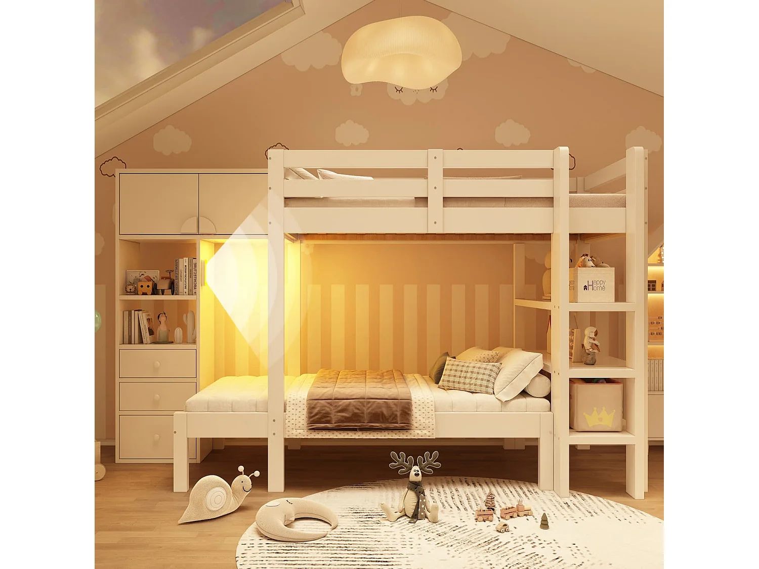 Etagenbett 90x200 cm mit intelligentem Nachtlicht, Versetztes Design mit Schrank, Regal & Schubladen, Großzügiger Stauraum,90x200 cm, EN747-1:2024