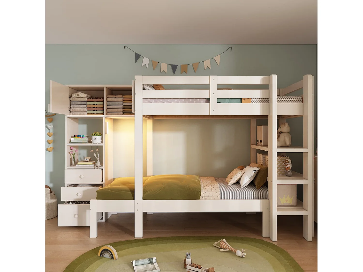 Etagenbett 90x200 cm mit intelligentem Nachtlicht, Versetztes Design mit Schrank, Regal & Schubladen, Großzügiger Stauraum,90x200 cm, EN747-1:2024