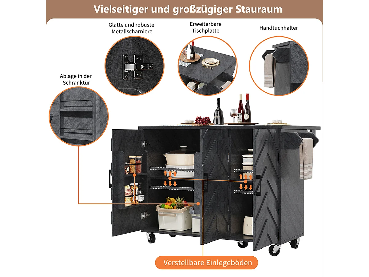 Küchenwagen mit Rädern Handtuchhalter und Türablage Kücheninsel Küchenschrank 118*45(75)*92cm