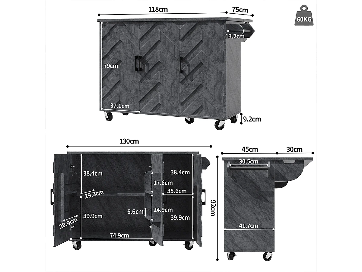Küchenwagen mit Rädern Handtuchhalter und Türablage Kücheninsel Küchenschrank 118*45(75)*92cm