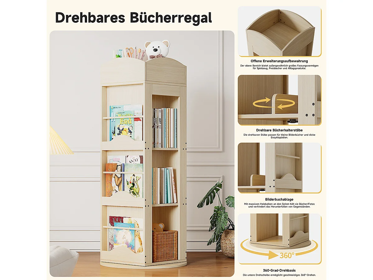 Bücherregal mit 360-Grad-Drehfunktion Standregal Bücherschrank für Kinder und Erwachsene 142×63×63 cm